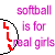 Pixelated softball-themed buddy icon with pink text, colored squares, and a red exclamation mark in a black circle on white background.