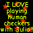Yellow pixelated text on black background with red stars, repeating 'I LOVE playing human checkers with Julia!!' in two