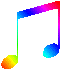 Rainbow-colored musical eighth notes with gradient fills arranged in a on gray background, each note's color transitions through spectrum