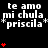 Black background with white text 'te amo mi chula priscila' repeated in multiple , red heart symbols scattered throughout the composition