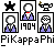Pixel art featuring three framed figures, symbols, and text on a gray background with 'PiKappaPhi' at the bottom.