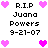 Pixel art memorial icon with repeated text and heart symbols in pink and black on white background.