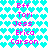 Pixelated image with cyan heart pattern background and pink text names
