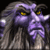 Pixelated purple creature with yellow eyes and long gray hair against black background