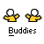 Pixelated static buddy icon featuring two yellow stick figures with white circular heads and black outlines, positioned side-by-side above the word "Buddies" in bold pixelated text on a gray background.