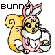 Pixelated cartoon squirrel with pink bunny ears, white chest, and yellow body holding a basket of eggs, with 'bunn' text above.