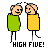 Two pixelated figures in green and yellow shirts perform a high five, then shift poses with text changing to 'WHO'S GAY?' below.