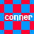 A static image with red and blue checkered patterns, featuring four instances of the text 'conner' in white pixelated font across different sections.