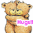 Pixelated cartoon bear with light brown fur, yellow eyes, and a wide smile hugs itself while holding pink text reading "Hugs!" on white background.