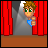 Pixel art animation of two characters in a theater setting with changing speech bubbles and character poses.
