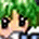 Pixelated character with green hair and black eyes, wearing a white shirt with blue collar and gold accents, holding a golden object.