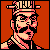 Pixel art portrait of a character with stylized facial features, mustache, and headwear against an orange background.