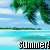 Pixelated beach scene with palm tree, turquoise water, and 'summer!' text at bottom.