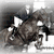 Black-and-white historical photograph of a person riding a horse, with pixelated text elements in bright colors surrounding the image.