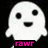 Pixelated white ghost with black eyes and mouth on black background, displaying three text variations: 'rawr', 'grr', and 'fear meee'.