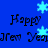 Blue background with repeating 'Happy New Year' text and light blue snowflakes in a pixelated style.