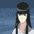 Pixel art of a character with long black hair and a headband, partially submerged in blue water with white bubbles, in a static composition.