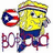 Pixelated yellow cartoon character in blue pants and striped hat holding red-and-blue circular object with white center, standing above stylized text.