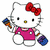 Hello Kitty character in multiple pixelated poses with red bow, pink dress, green vest, and flower accessory, holding paintbrush and yarn, with musical notes and heart backgrounds.