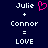 Pixelated text and symbols on dark blue background with pink heart symbol above 'Julie' on left side.