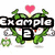 Pixelated cartoon character with green arms, red heart above, and text "Example 2" over a white background with small icons.