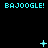 Pixelated cyan text 'BAJOOGLE!' repeats across a black background with animated plus signs, stars, and dots in three