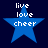 Four blue star-shaped icons with white text "live love cheer" arranged in a on dark background
