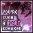 Pixelated icon with cyan text 'You're such a heart breaker' over pink-purple background featuring dark silhouettes and white sparkles.