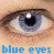six close-up eye images with blue irises, each overlaid with 'blue eyes' text in varying colors and styles