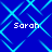 Blue background with cyan geometric lines forming a pattern, four instances of the name 'Sarah' in white pixelated text positioned at top-left, top-right, bottom-left, and bottom-right