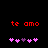 Red text 'te amo' above pink and purple heart symbols on a black background, with animation changing the sequence of hearts.