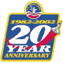 Static 90x90 pixel AIM buddy icon celebrating a 20th anniversary with blue, yellow, and red colors featuring "20 YEAR" text and a globe emblem at the top.