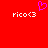 Red background with two white 'rico<3' text strings and a pink pixelated heart above the left string.
