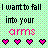 Pixelated text reads "I want to fall into your arms" with four pink hearts below on a checkered background.
