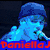 Pixelated image of a person singing into a microphone with blue lighting, next to a purple heart symbol and text reading "LUVS" and "Justin".