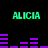 Green pixelated text 'ALICIA' appears four times on a black background with purple horizontal bars changing position between frames.