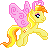 Pixelated yellow pony with pink wings and orange mane, standing on gray background next to yellow with orange text