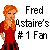 Pixelated character with long orange hair in a red dress, standing beside black text reading 'Fred Astaire's #1 Fan' on white background.