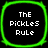 Four identical square with rounded corners display "THE PICKLES RULE" text in white pixelated font on black backgrounds, each bordered by a bright green glowing outline