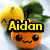 six identical cartoon fruit characters with orange bodies, yellow lemon halves, and green leaves, each displaying the name "Aidan" in different colored text