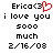 Pixelated text displays 'Erica<3' with a red heart symbol, followed by 'i love you 5000 much', and the date '2/16/08'.