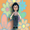 identical cartoon-style figures with black hair, pink tops, and dark pants against a floral background