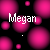 Animated icon with repeating pink circular patterns on black background, white text 'Megan' repeated across the image, and small white symbols changing in sequence.