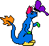 Blue dragon with pink head crest, white chest patch, green hands, yellow feet breathes orange fire from tail while holding purple maraca-like object.