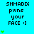 Pixelated cyan background with black text reading 'SHMADDi pwns your FACE :)' and green star icons in a pattern
