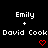 Black background with repeated white text 'Emily' above '+' symbols, followed by 'David Cook', and red pixelated hearts below each name pair.