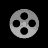 A grayscale film reel icon transitions through multiple orientations and partial states against a black background.