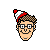 Pixel art buddy icon featuring a character with glasses and Santa hat on left, green text logo on right.