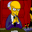 Yellow-skinned cartoon character with white hair in a blue suit and black tie, seated at a table against red patterned background.