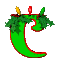 Green crescent-shaped object with red outline, topped by green foliage and three small vertical elements in yellow, pink, and green.